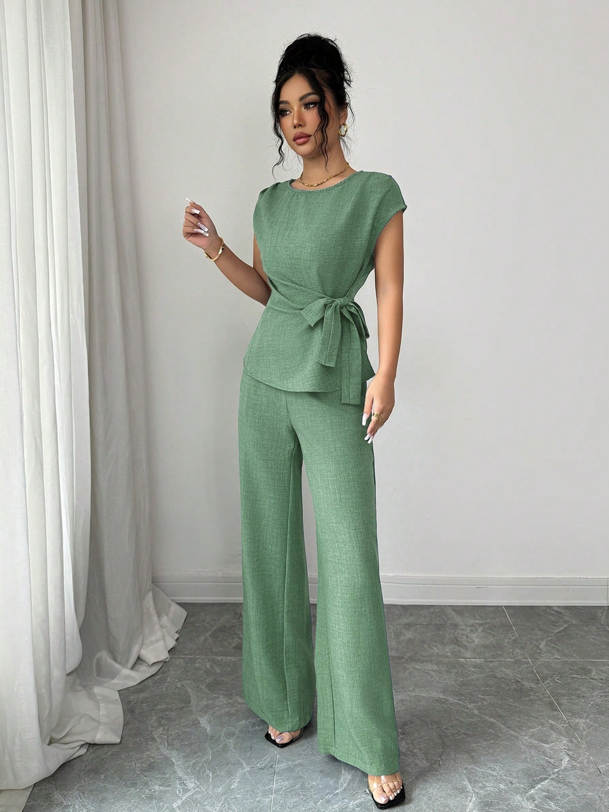 Elenzga Blusa Casual Elegante de Escritório Azul com Laço Ajustável na Cintura + Calça Casual Elegante de Escritório com Cintura Alta, Bolsos e Perna Larga