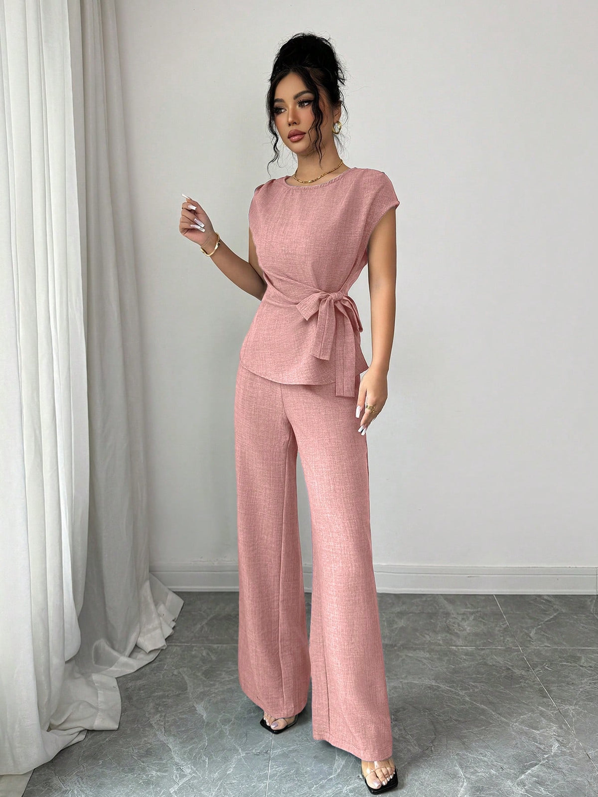 Elenzga Blusa Casual Elegante de Escritório Azul com Laço Ajustável na Cintura + Calça Casual Elegante de Escritório com Cintura Alta, Bolsos e Perna Larga