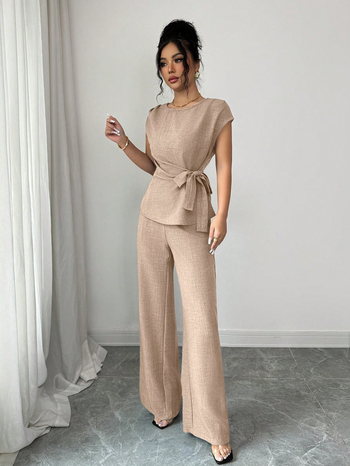 Elenzga Blusa Casual Elegante de Escritório Azul com Laço Ajustável na Cintura + Calça Casual Elegante de Escritório com Cintura Alta, Bolsos e Perna Larga