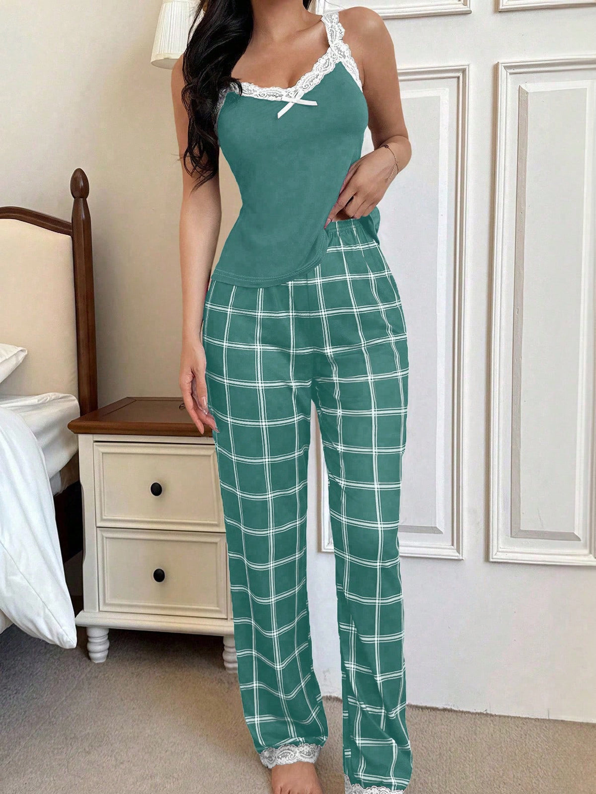  Pijama Feminino de Malha Regata e Calça Xadrez