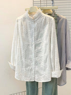 Camisa Feminina Elegante Manga Longa Bufante Bordado Floral 