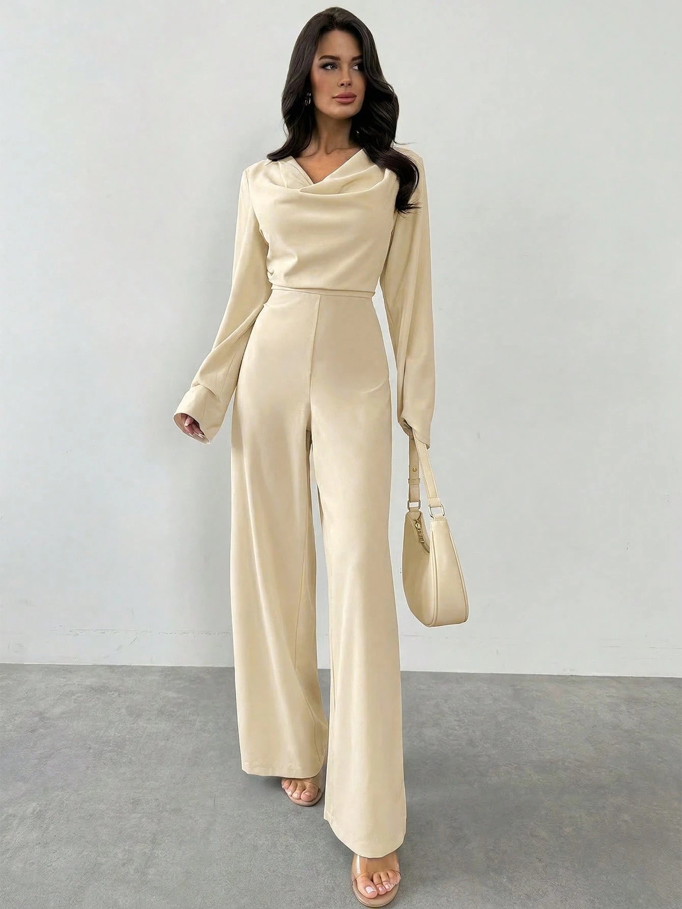Macacão Elegante Feminino Manga Longa Decote Drapeado