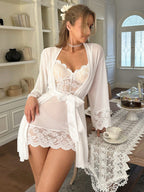 Conjunto Camisola Feminina Sensual e Robe com Renda para Noiva