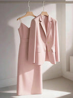 Franclia Conjunto de 2 Peças Rosa Antigo para Mulheres,Blazer Elegante & Vestido Reto com Alças Finas e Cintura Marcada,Outono Escritório & Lazer,Cáqui Casual