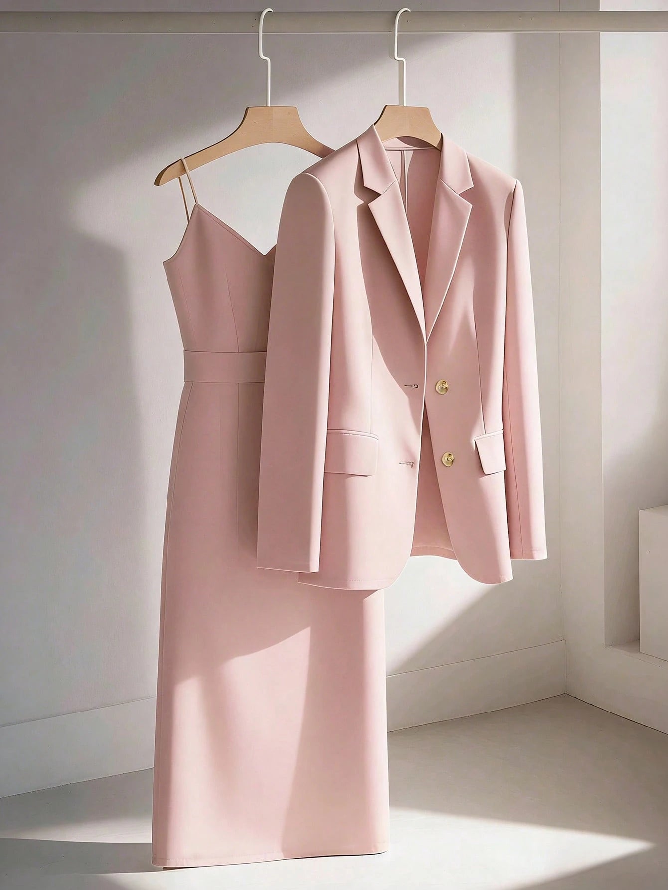 Franclia Conjunto de 2 Peças Rosa Antigo para Mulheres,Blazer Elegante & Vestido Reto com Alças Finas e Cintura Marcada,Outono Escritório & Lazer,Cáqui Casual