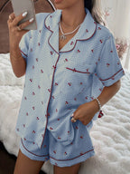 Pijama Americano Feminino Manga Curta e Short com Estampa Xadrez com Cereja