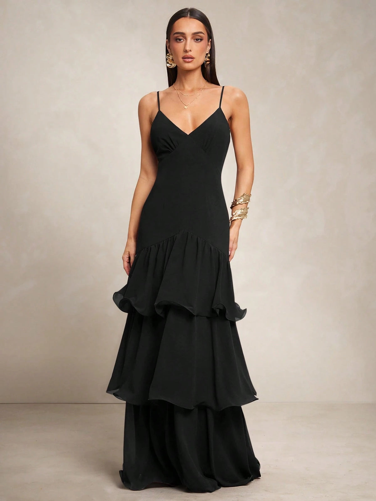 Silquee Vestido Elegante de Alça Fina com Bainha Camadas para Banquete/Encontro