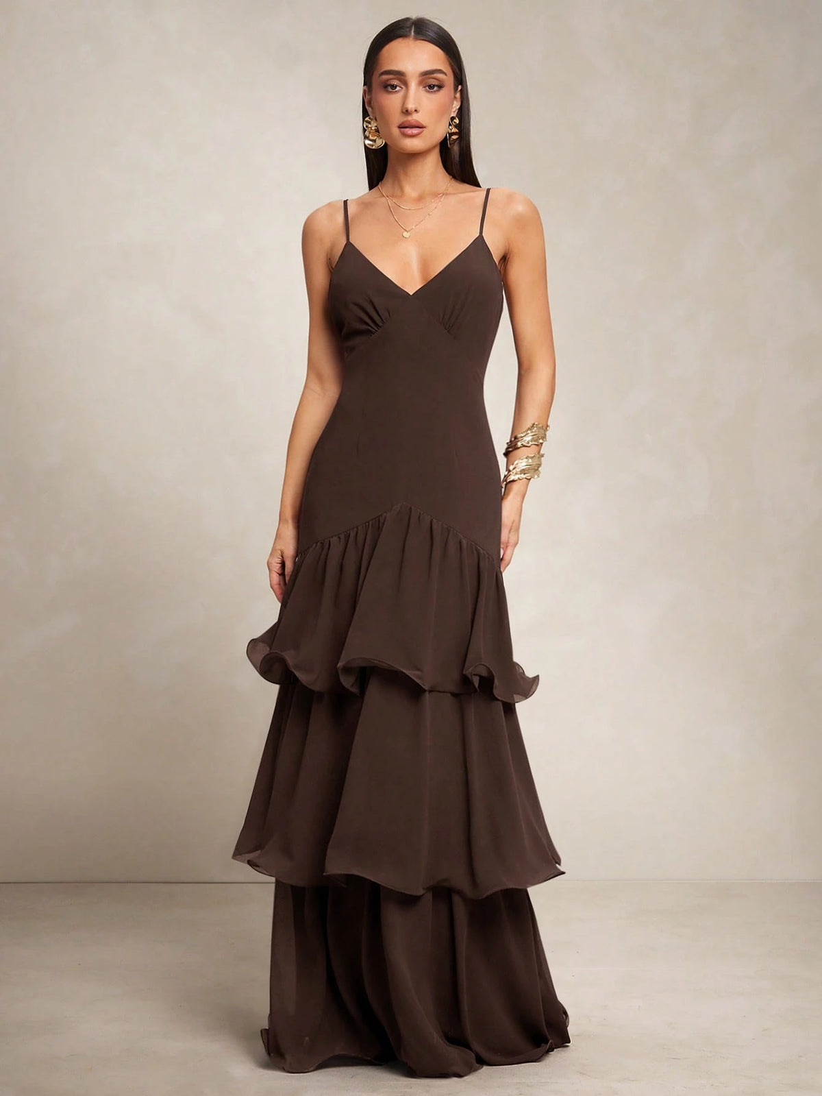 Silquee Vestido Elegante de Alça Fina com Bainha Camadas para Banquete/Encontro