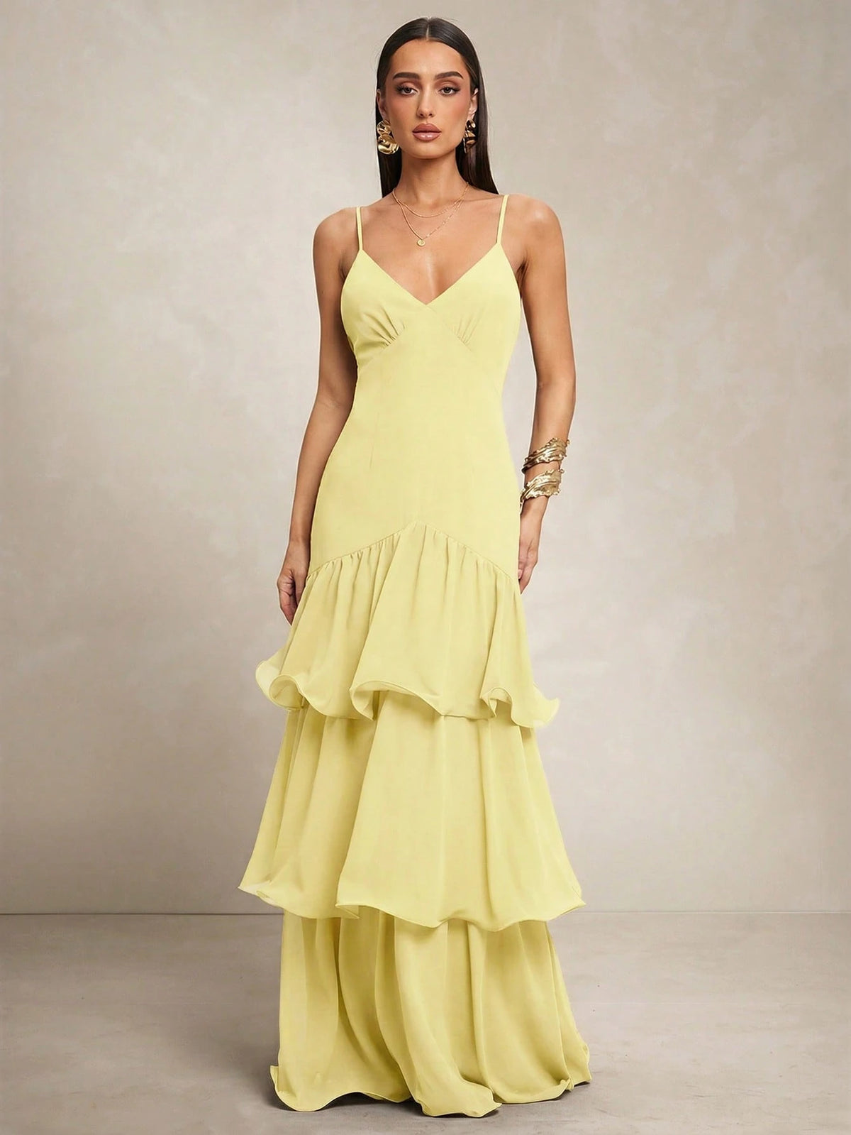 Silquee Vestido Elegante de Alça Fina com Bainha Camadas para Banquete/Encontro
