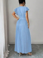 Elenzga Novo Vestido Longo Feminino com Decote em V, Manga com Babado, Tecido Liso, Fivela de Metal, Design Plissado, Elegante, Jovem, para Dia dos Namorados, Banquete, Férias e Festa, com Efeito Alongador e Emagrecedor