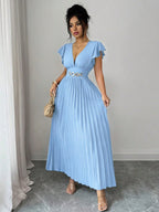 Elenzga Novo Vestido Longo Feminino com Decote em V, Manga com Babado, Tecido Liso, Fivela de Metal, Design Plissado, Elegante, Jovem, para Dia dos Namorados, Banquete, Férias e Festa, com Efeito Alongador e Emagrecedor