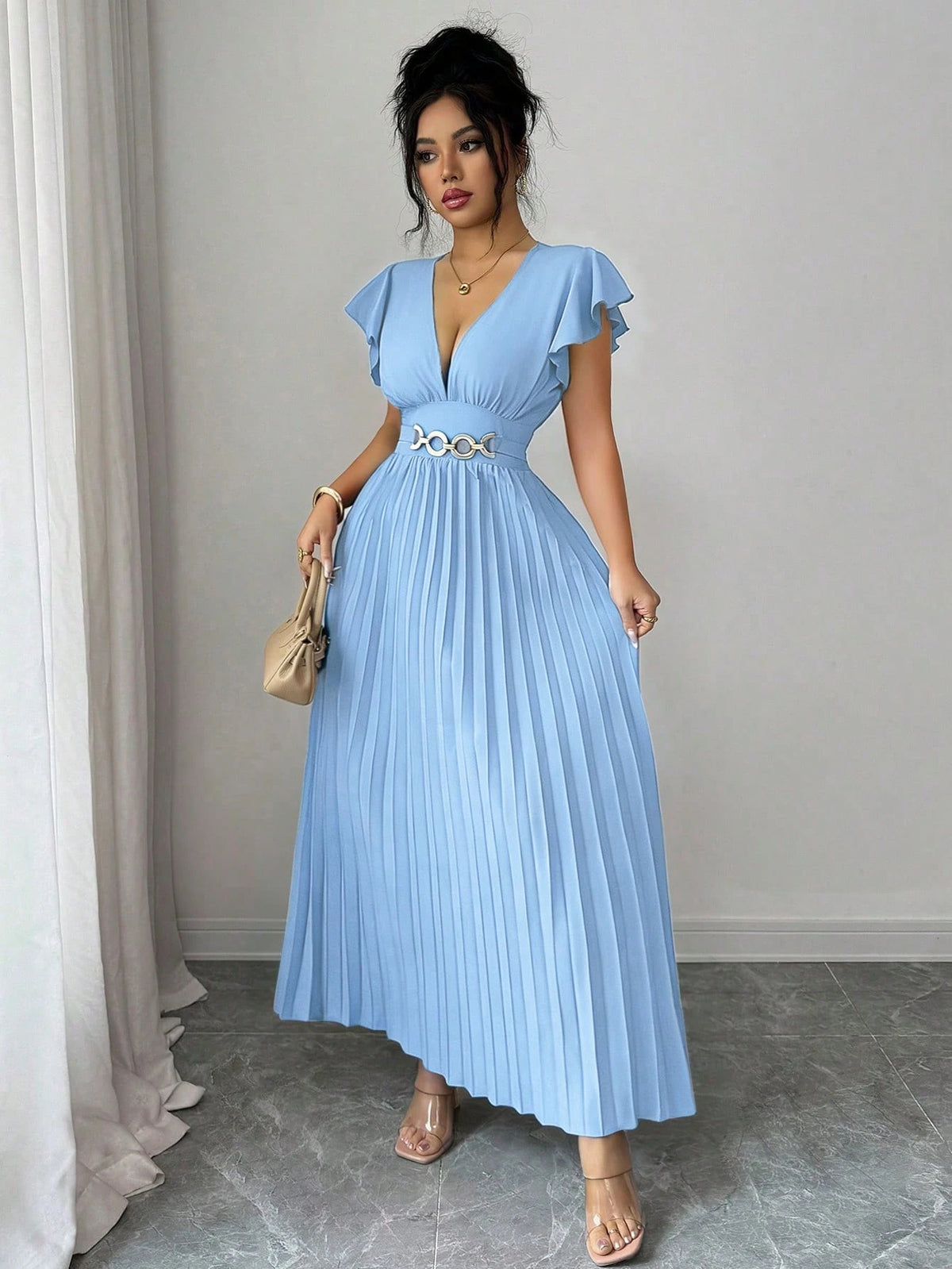 Elenzga Novo Vestido Longo Feminino com Decote em V, Manga com Babado, Tecido Liso, Fivela de Metal, Design Plissado, Elegante, Jovem, para Dia dos Namorados, Banquete, Férias e Festa, com Efeito Alongador e Emagrecedor