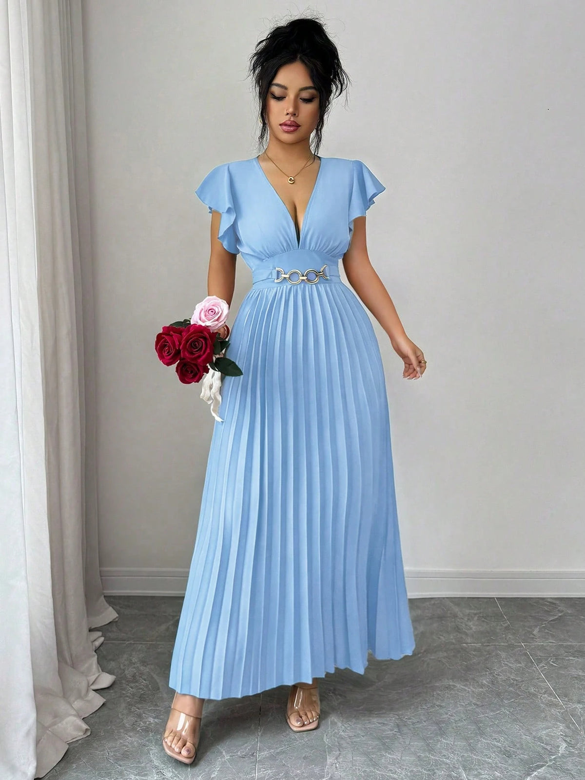Elenzga Novo Vestido Longo Feminino com Decote em V, Manga com Babado, Tecido Liso, Fivela de Metal, Design Plissado, Elegante, Jovem, para Dia dos Namorados, Banquete, Férias e Festa, com Efeito Alongador e Emagrecedor