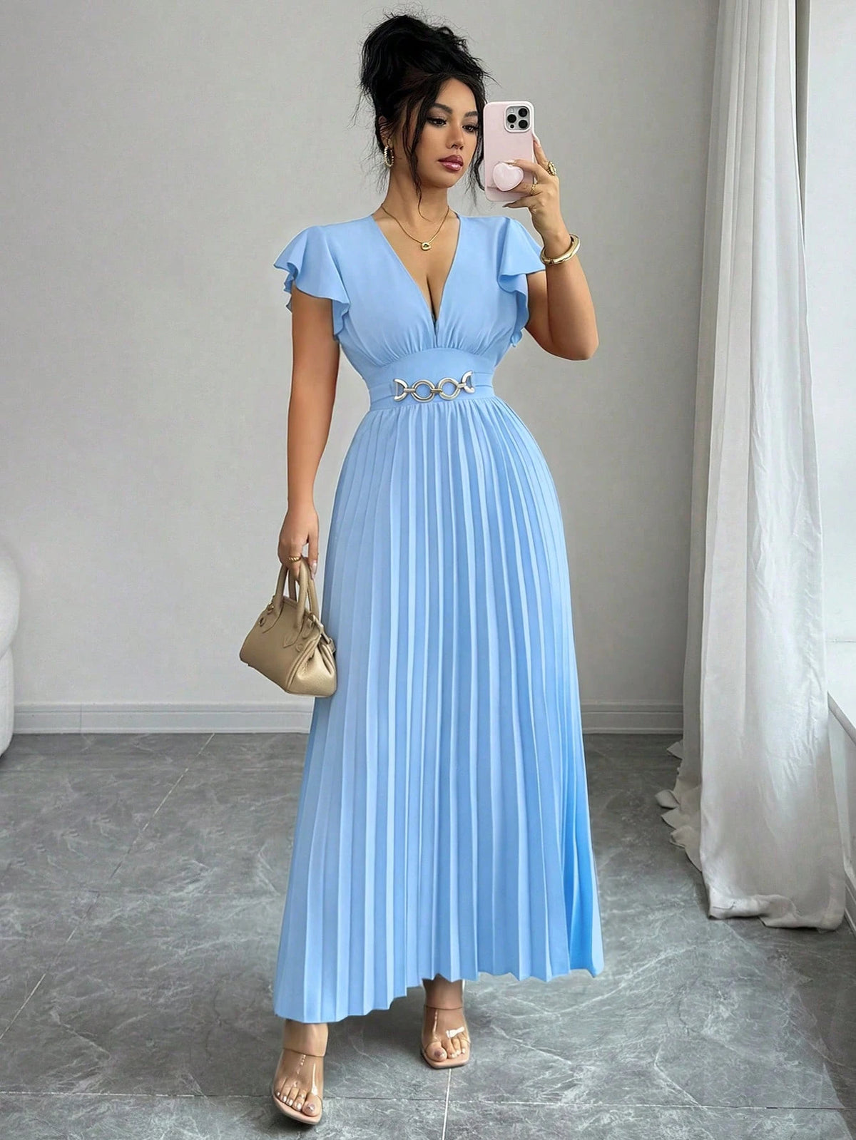 Elenzga Novo Vestido Longo Feminino com Decote em V, Manga com Babado, Tecido Liso, Fivela de Metal, Design Plissado, Elegante, Jovem, para Dia dos Namorados, Banquete, Férias e Festa, com Efeito Alongador e Emagrecedor