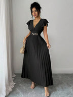 Elenzga Novo Vestido Longo Feminino com Decote em V, Manga com Babado, Tecido Liso, Fivela de Metal, Design Plissado, Elegante, Jovem, para Dia dos Namorados, Banquete, Férias e Festa, com Efeito Alongador e Emagrecedor