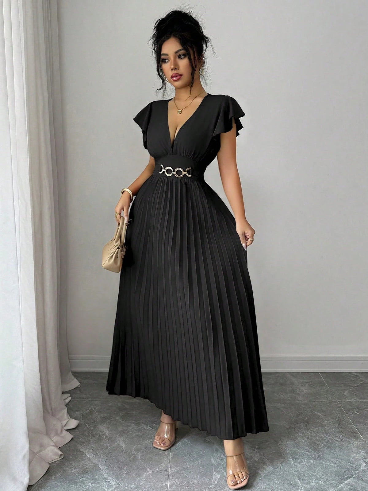 Elenzga Novo Vestido Longo Feminino com Decote em V, Manga com Babado, Tecido Liso, Fivela de Metal, Design Plissado, Elegante, Jovem, para Dia dos Namorados, Banquete, Férias e Festa, com Efeito Alongador e Emagrecedor