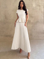 Firerie Conjunto Feminino 2 Peças com Top de Gola Redonda e Saia Plissada, Cor Sólida, Casual Elegante para Uso Diário e Escritório, Marrom Escuro, Outono, Formatura, Aniversário
