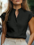Camisa Feminina Elegante Manga Curta com Decote V Entalhado