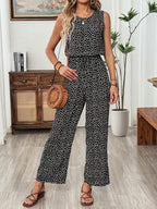 Breezaya Macaquinho de gola redonda, sem mangas, cintura elástica, estampa floral Ditsy, Primavera/Verão