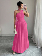Vestido Longo Feminino Um Ombro Só com Faixa no Pescoço Para Convidada