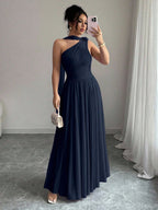 Vestido Longo Feminino Um Ombro Só com Faixa no Pescoço Para Convidada