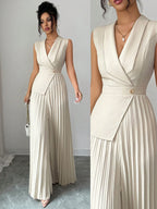 Macacão Alfaiataria Feminino Elegante Sem Mangas Plissado