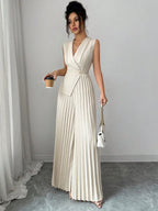 Macacão Alfaiataria Feminino Elegante Sem Mangas Plissado 