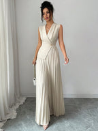 Macacão Alfaiataria Feminino Elegante Sem Mangas Plissado 