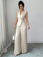 Macacão Alfaiataria Feminino Elegante Sem Mangas Plissado 