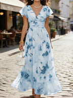 Vestido Longo em Chiffon Cintura Marcada Manga com Babados