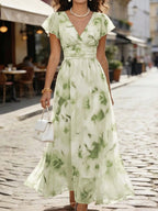 Vestido Longo em Chiffon Cintura Marcada Manga com Babados