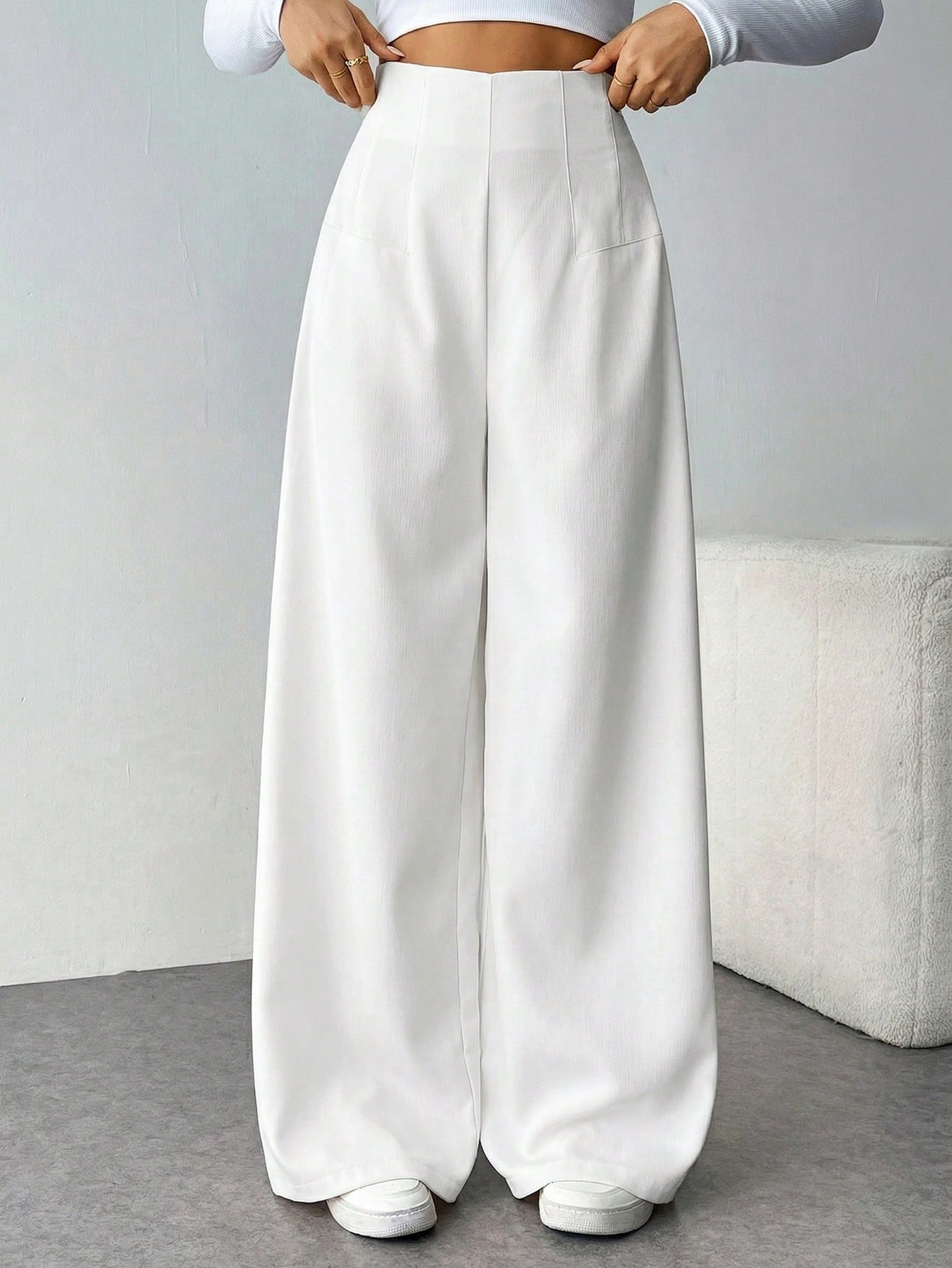 Calça Wide Leg Feminina Alfaiataria Texturizada com Zíper Lateral