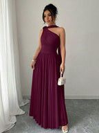 Vestido Longo Feminino Um Ombro Só com Faixa no Pescoço Para Convidada