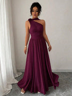 Vestido Longo Feminino Um Ombro Só com Faixa no Pescoço Para Convidada