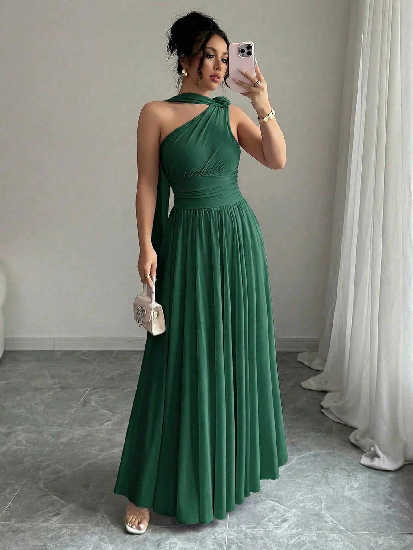 Vestido Longo Feminino Um Ombro Só com Faixa no Pescoço Para Convidada