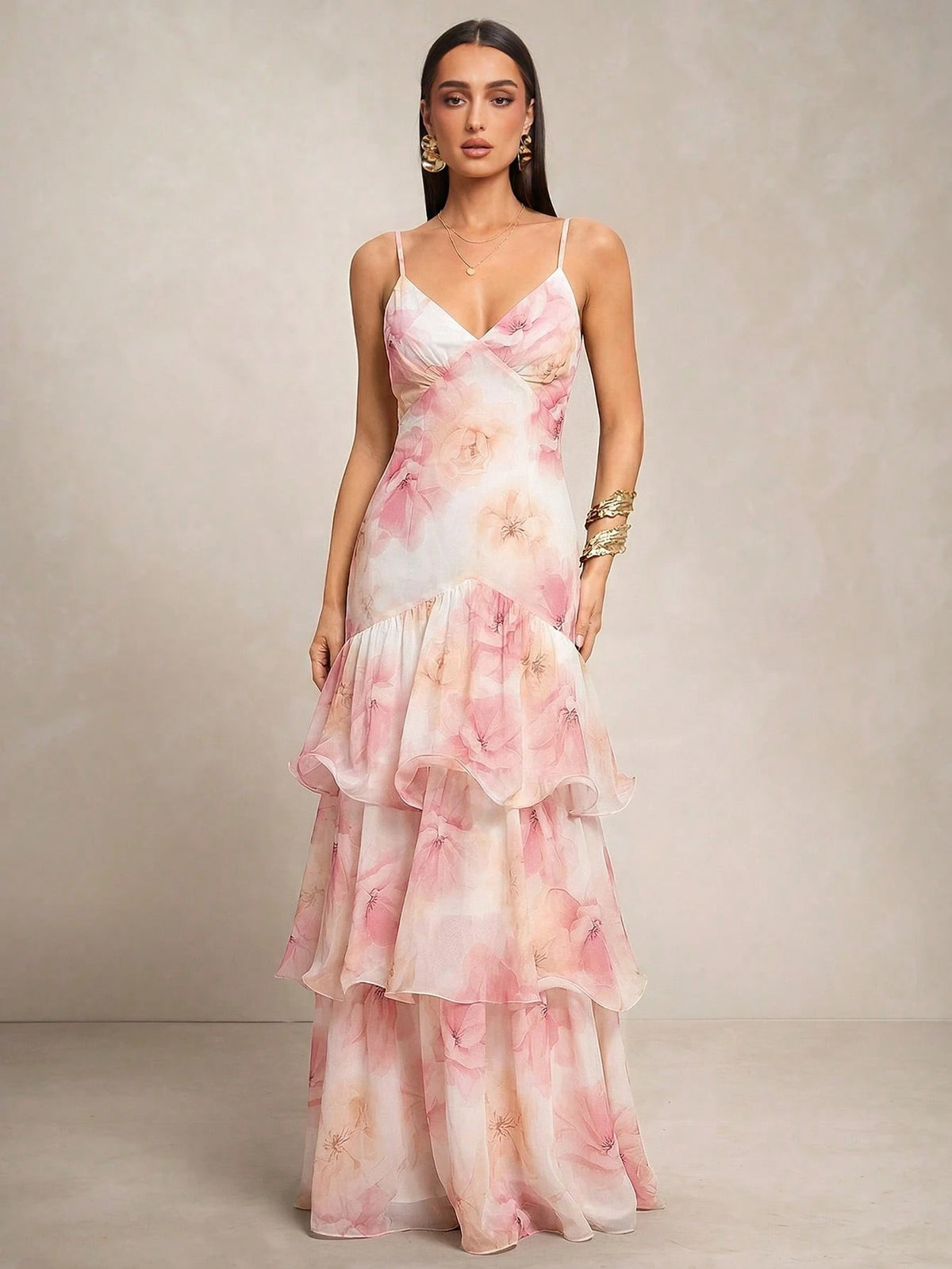 Silquee Vestido Elegante de Alça Fina com Bainha Camadas para Banquete/Encontro