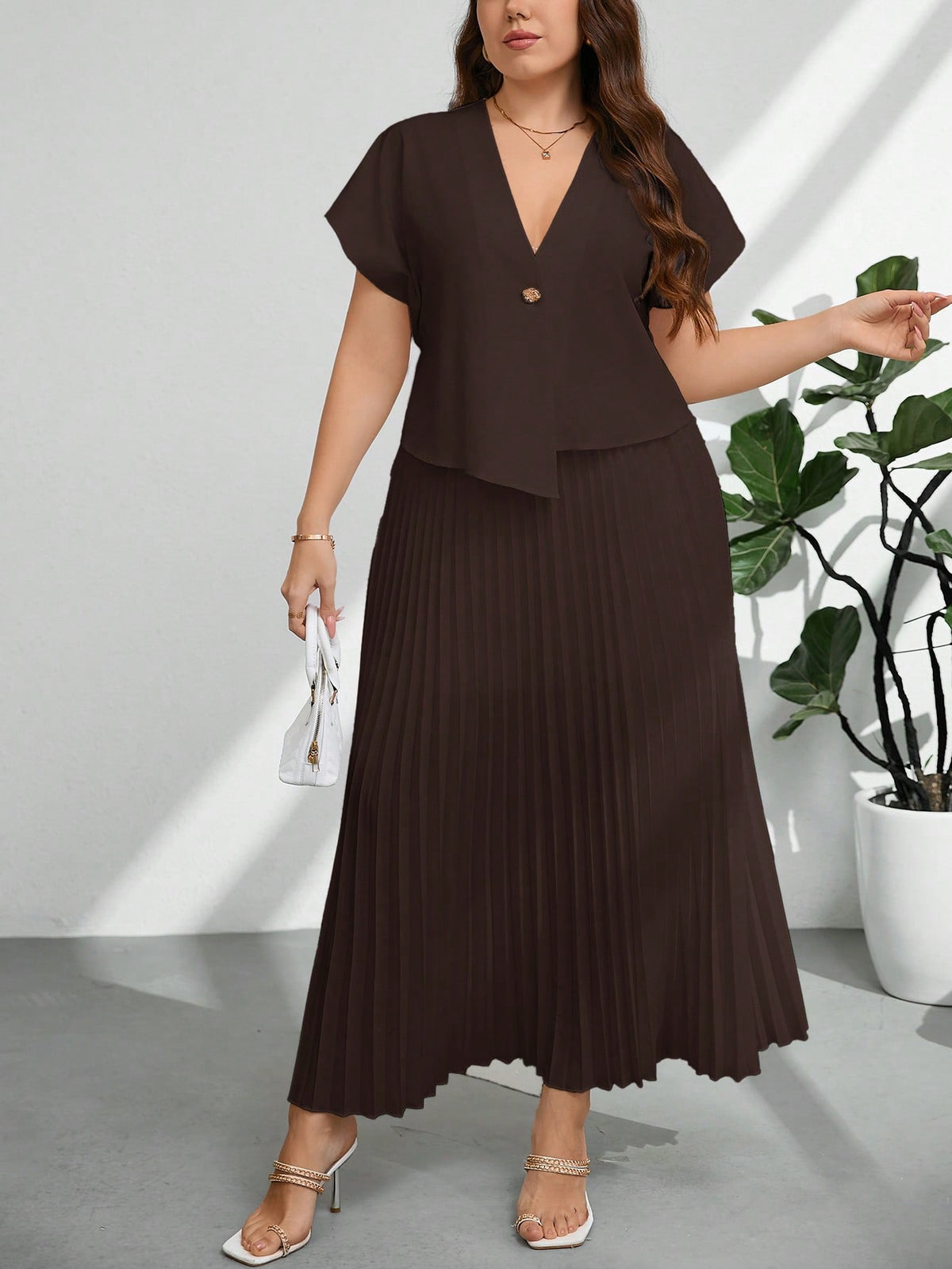 Conjunto Social Elegante Plus Size Blusa e Saia Plissada