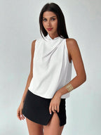 Firerie Blusa Assimétrica Plissada Cor de Damasco Elegante e da Moda Feminina, para Escritório, Uso Diário, Férias e Festivais de Música, Primavera/Verão