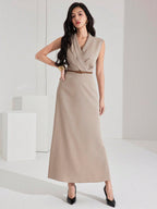 Vestido Elegante Social Feminino com Lapela Sem Mangas