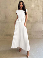 Firerie Conjunto Feminino 2 Peças com Top de Gola Redonda e Saia Plissada, Cor Sólida, Casual Elegante para Uso Diário e Escritório, Marrom Escuro, Outono, Formatura, Aniversário