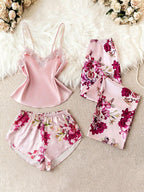Conjunto Pijama Feminino Três Peças de Cetim Estampa Floral