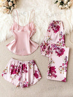 Conjunto Pijama Feminino Três Peças de Cetim Estampa Floral