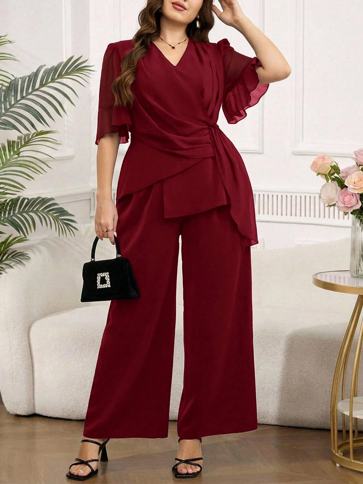Conjunto de Festa Plus Size Blusa com Babados e Calça Soltinha
