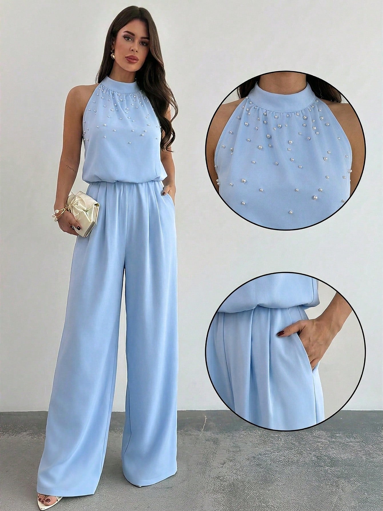 Macacão Feminino Elegante Pantalona Gola Princesa com Pérolas