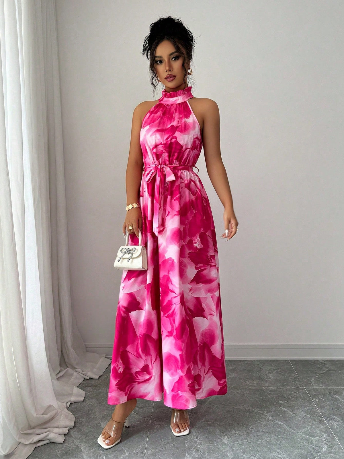 Elenzga Vestido com Estampa Floral Elegante para Ir e Vir do Trabalho e Férias em Ilha