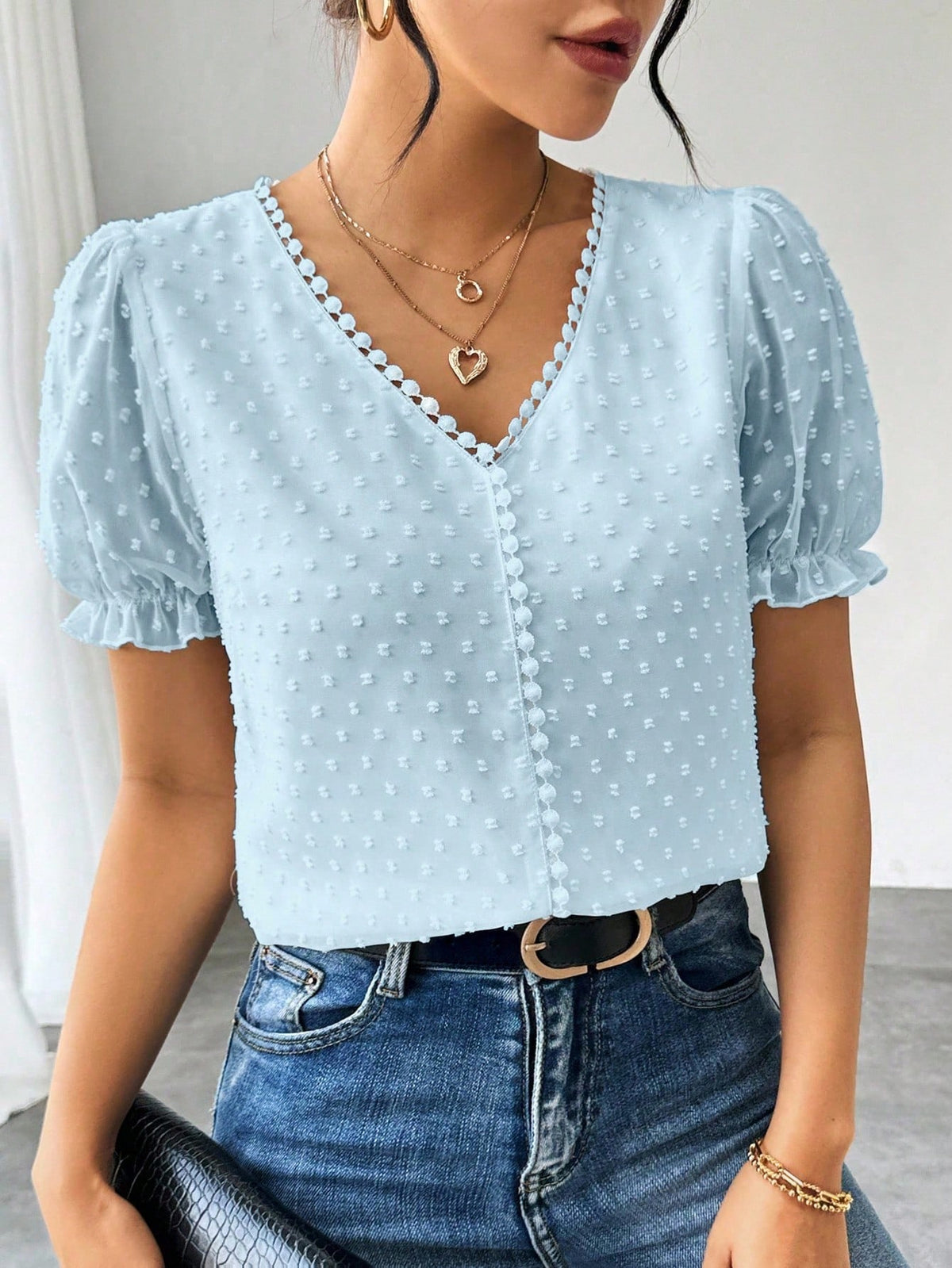 Blusa Jacquard com Decote em V, Tops de Manga Curta