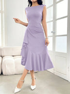 Vestido Elegante Feminino Midi Sem Manga Cintura Franzida com Babados