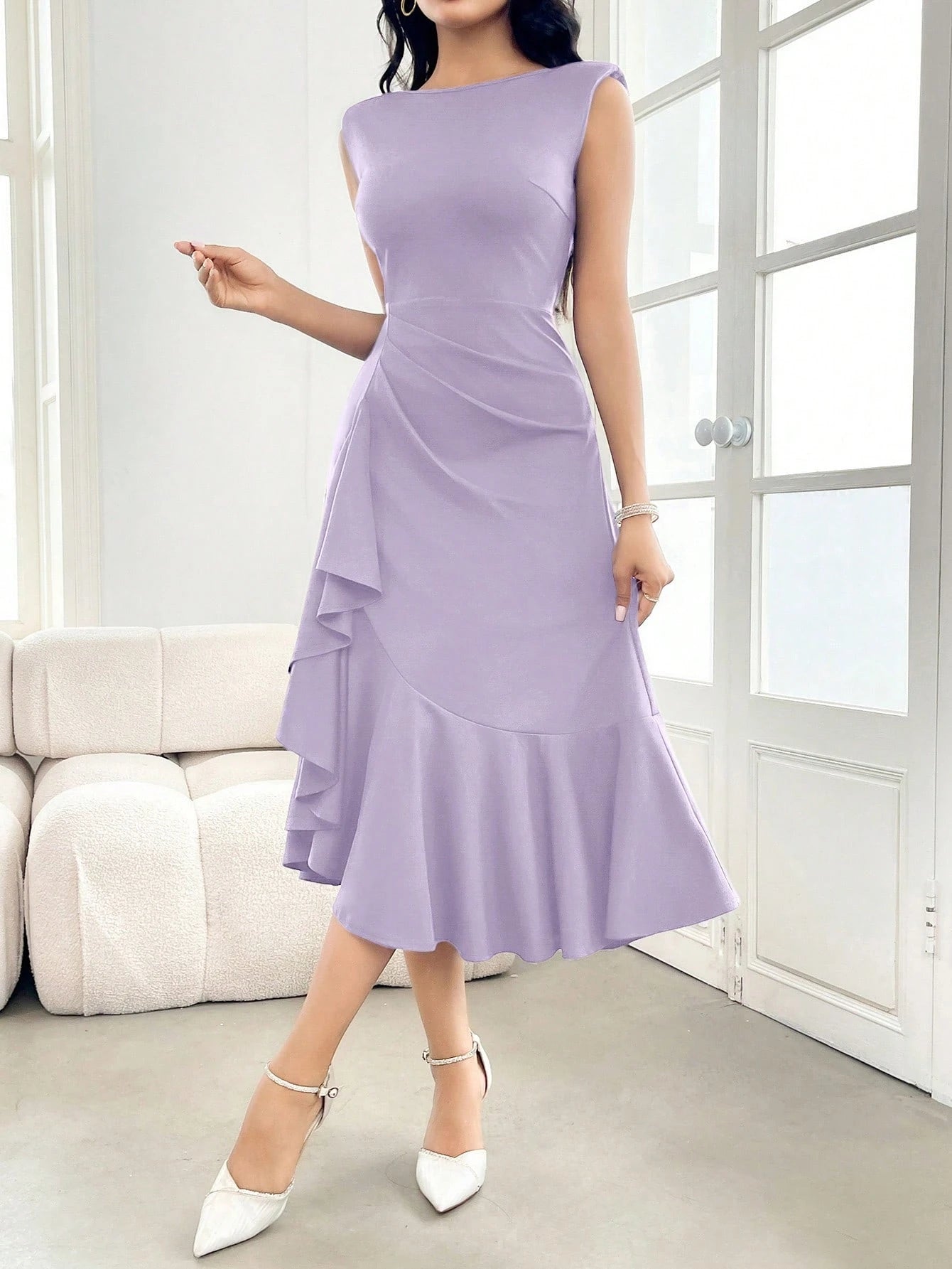 Vestido Elegante Feminino Midi Sem Manga Cintura Franzida com Babados