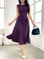 Vestido Elegante Feminino Midi Sem Manga Cintura Franzida com Babados