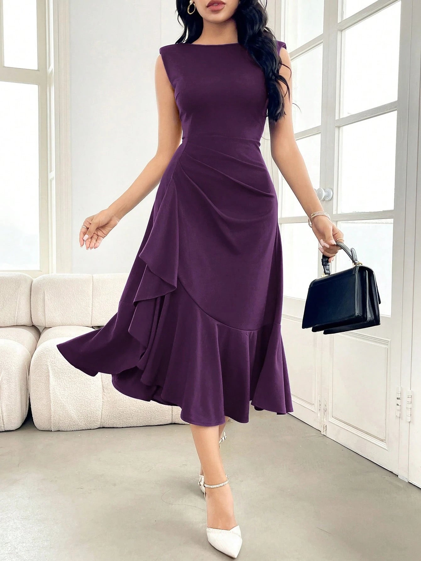 Vestido Elegante Feminino Midi Sem Manga Cintura Franzida com Babados